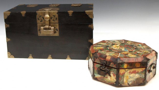 KOREAN BRASS BOUND WOOD STORAGE CHEST & BOX: (lot of 2) Korean gilt brass mounted wood storage trunk, hinges and hardware with foliate motif, interior lined with red velvet, tray with dividers sits inside, 8.5"h, 15"w, 8.5"d; along with octagona