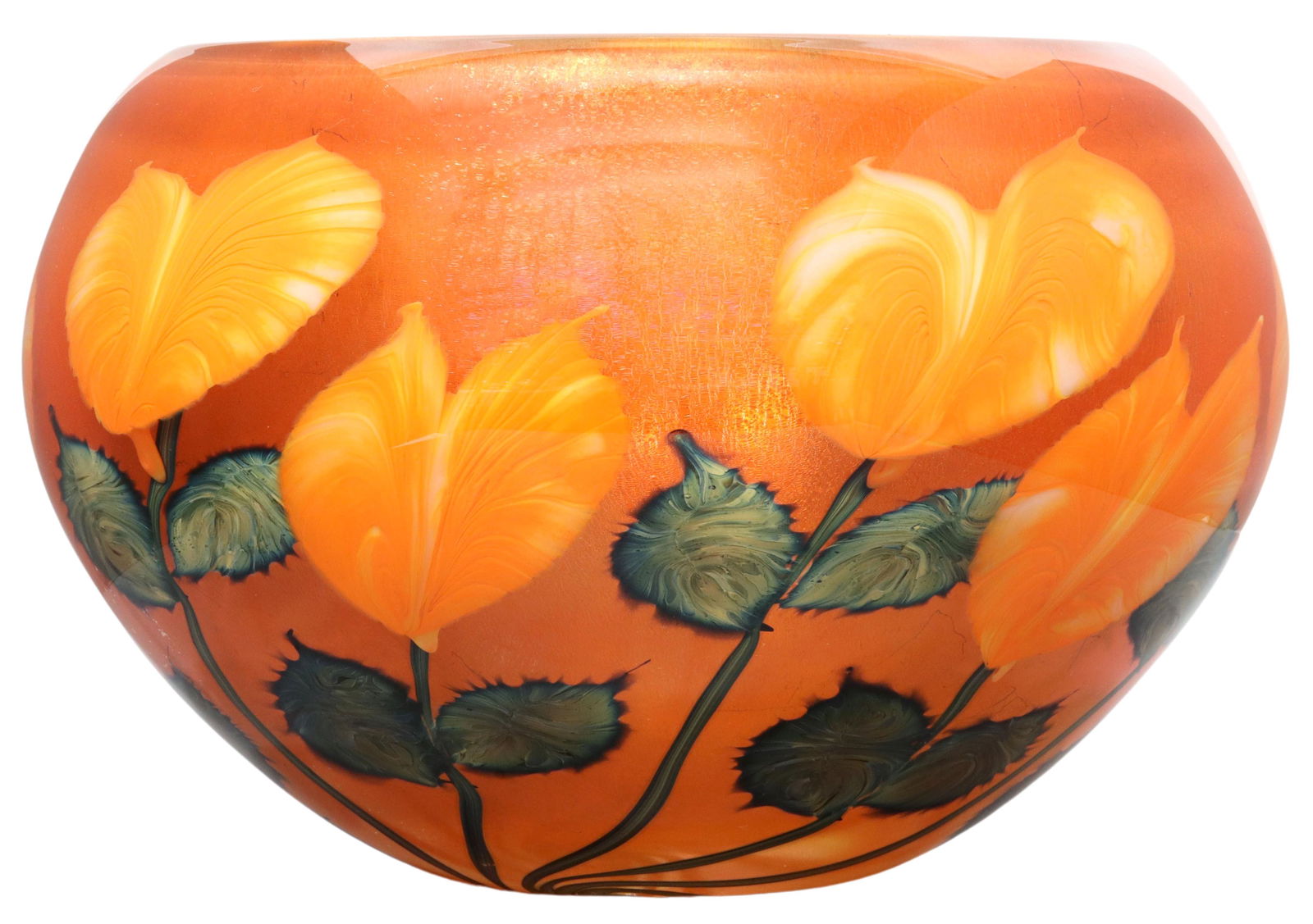 DANIEL LOTTON (B.1963) ART GLASS PAPERWEIGHT BOWL: Studio art glass paperweight centerpiece bowl, Daniel Lotton (American, b.1963), 2005, iridescent orange body with cased anthurium, engraved signature around foot, approx 7"h, 10 3/8"diam, 18lbs Start