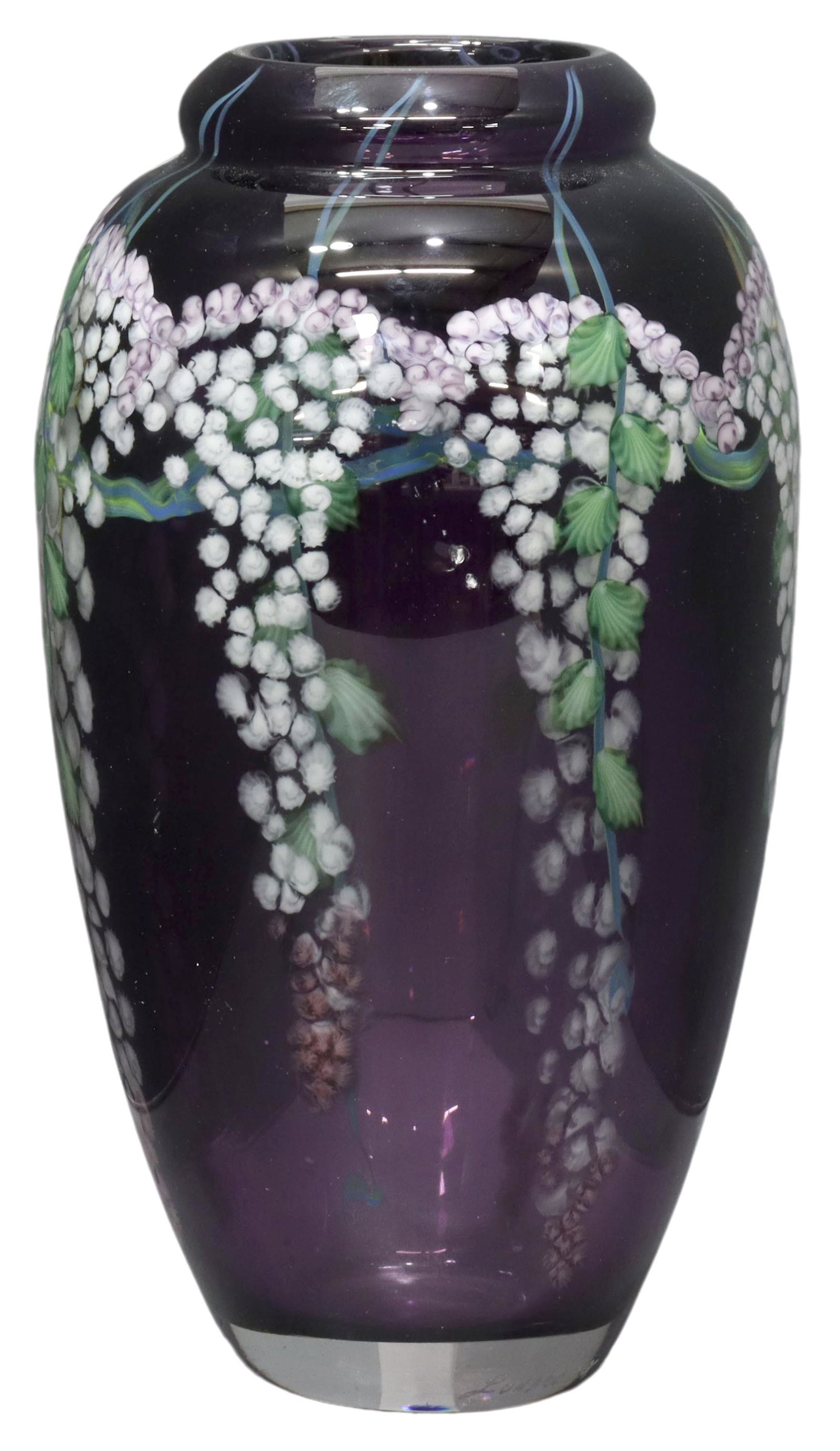 DANIEL SALAZAR (B.1956) LUNDBERG PAPERWEIGHT VASE: Art glass paperweight vase, Daniel Salazar (American, b.1956) for Lundberg Studios, 2005, number 111520, amethyst purple body with cased wisteria flowers, engraved signatures around foot, abrasion wit