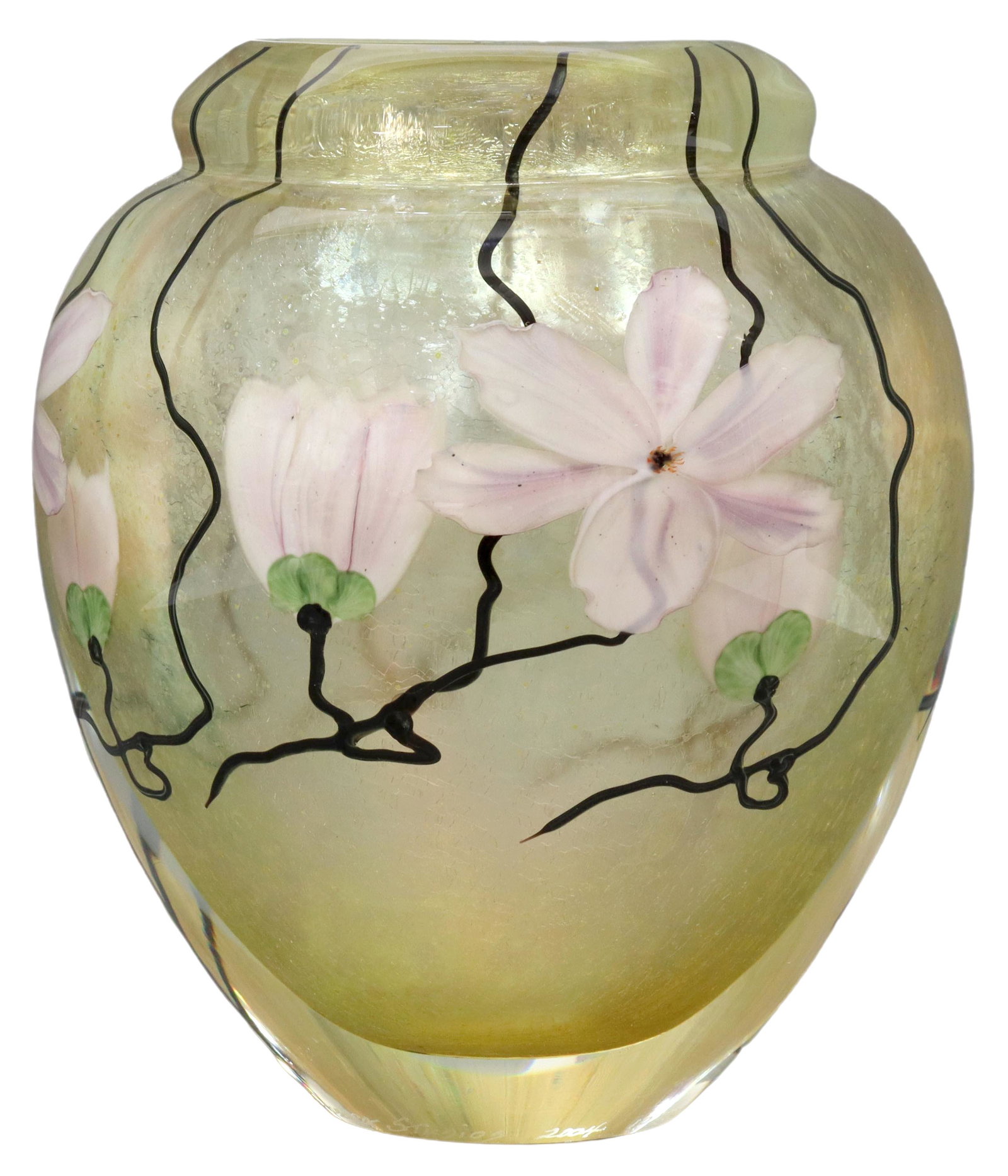 DANIEL SALAZAR (B.1956) LUNDBERG PAPERWEIGHT VASE: Art glass paperweight vase, Daniel Salazar (American, b.1956) for Lundberg Studios, 2004, number 102781, iridescent gold body with cased pink flowers, engraved signatures around foot, approx 6 1/8"h, 