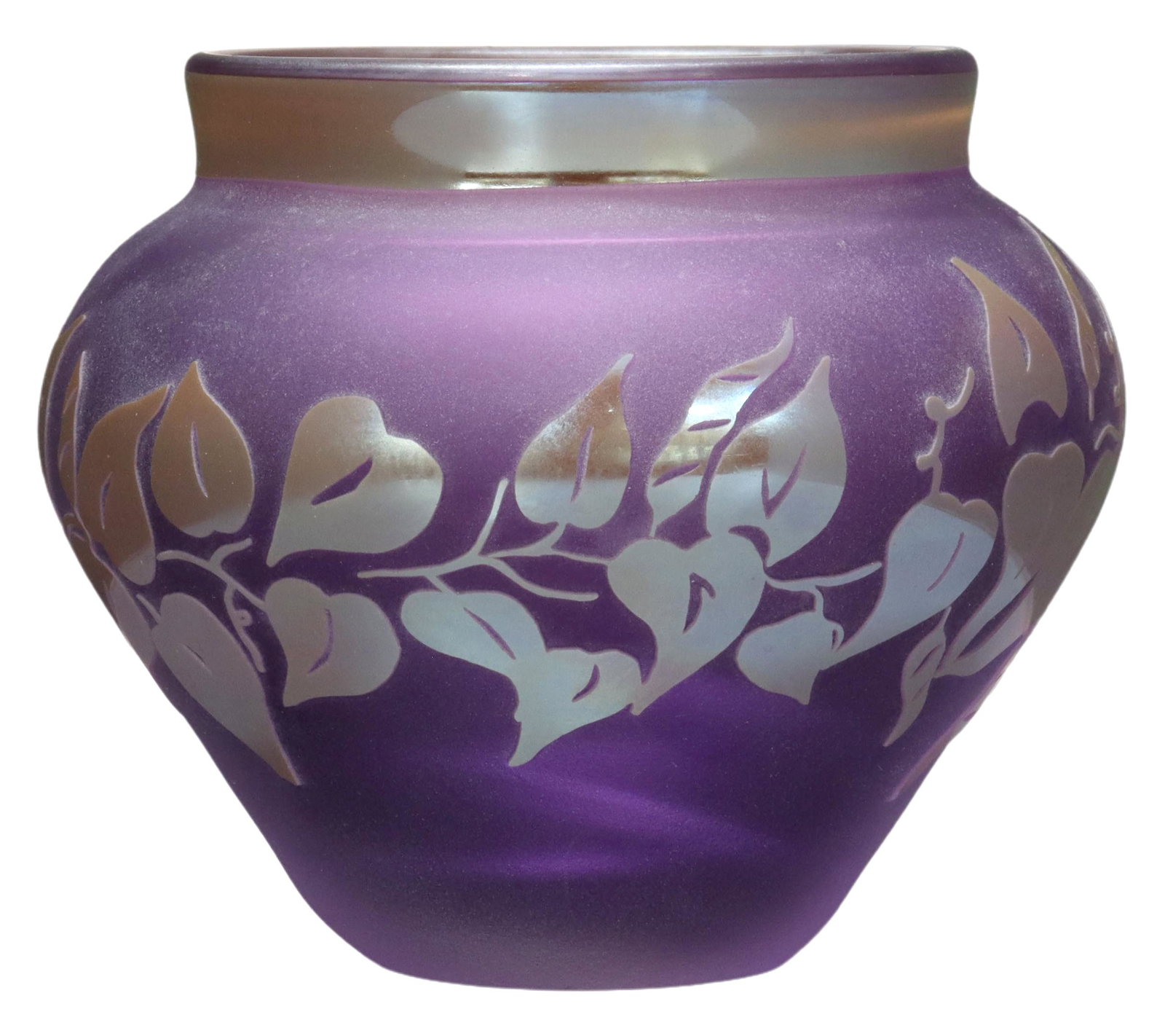 CORREIA STUDIO ART GLASS ETCHED VINE VASE: Studio art glass vase, Correia (Steven V. Correia, American, b.1949), 2003, limited edition, VE8539-139/ 500, etched purple ground with vine in bas-relief, approx 4.5"h, 5 1/8"diam, 1.5lbs Start Price