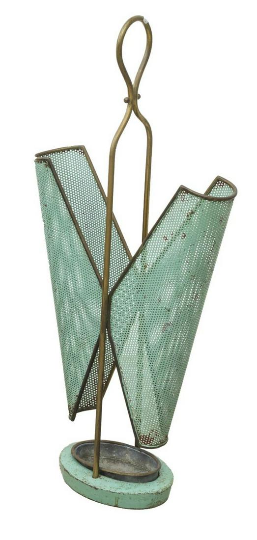ITALIAN MID-CENTURY MODERN UMBRELLA STAND: Italian mid-century modern umbrella stand, c.1950s, gilt metal frame, perforated sides, cast iron base with drip pan, oxidation, approx 28.75"h, 13.25"w, 5.75"d Start Price: $50.00
