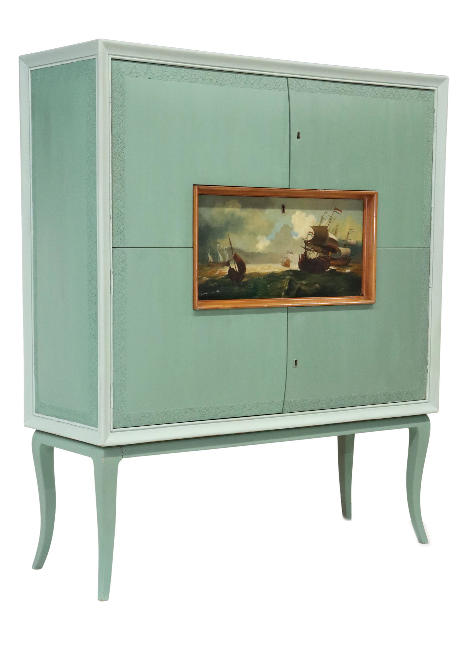 ITALIAN MID-CENTURY MODERN PAINTED BAR CABINET: Italian mid-century modern bar cabinet, c.1950s, in a later painted finish, four doors framing the central fall front bar cabinet, decorated with ships on the water, rising on cabriole legs, approx 52