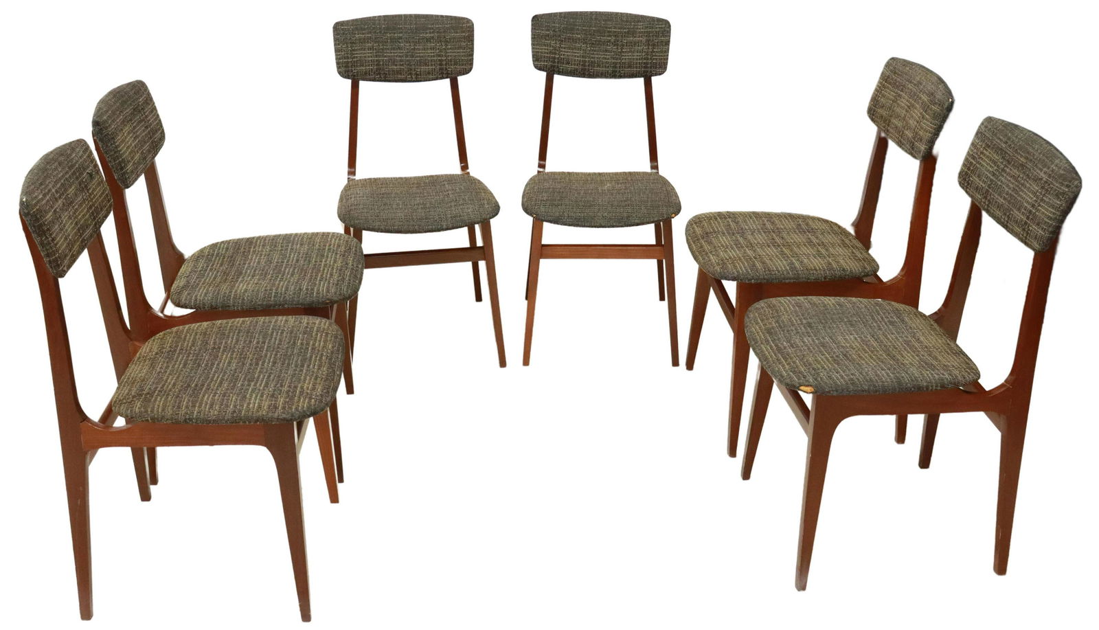(6) ITALIAN MID-CENTURY MODERN TEAK DINING CHAIRS: (lot of 6) Italian mid-century modern teak dining chairs, c.1960's, padded back and seat in tweed upholstery, rising on tapered and stretcher-joined legs, some holes to upholstery corners, approx 33.2