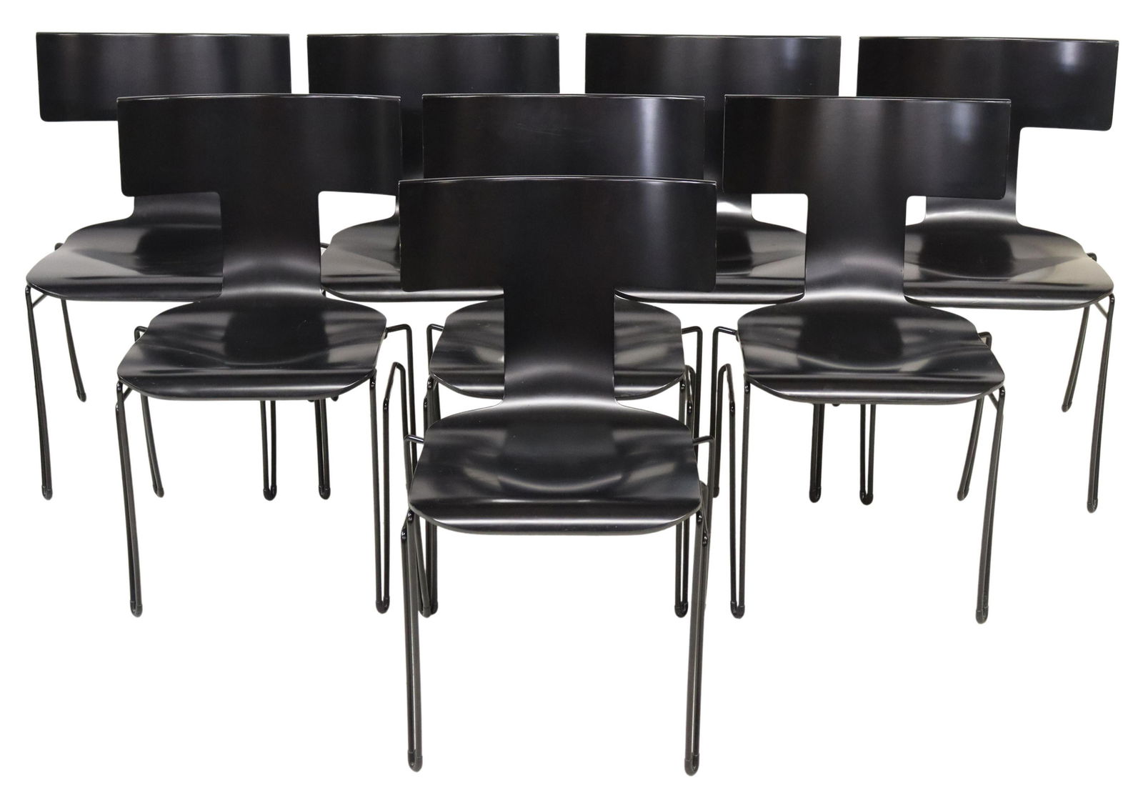 (8) MODERN DONGHIA 'ANZIANO' STACKABLE CHAIRS: (lot of 8) Modern "Anziano" stackable chairs, John Hutton (American, 1947-2006) for Donghia, late 20th c., ebonized bentwood Klismos style back and seat, powder-coated steel legs, approx 32.25"h, 20"w