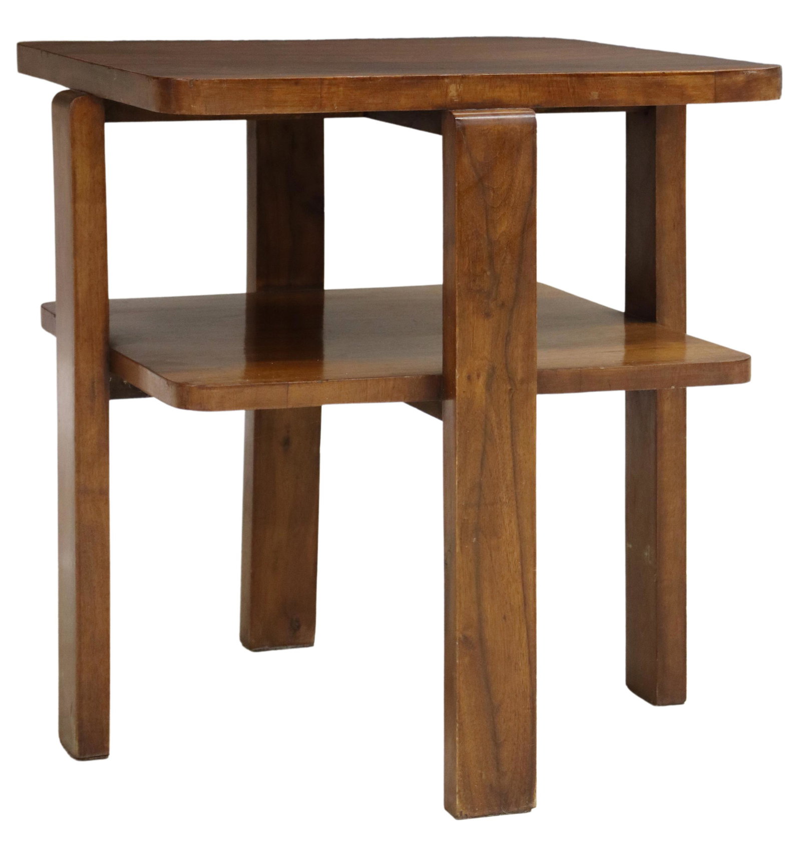 ITALIAN ART DECO WALNUT TWO-TIER SIDE TABLE: Italian Art Deco walnut side table, c.1930s, two open tiers, with rounded corners, rising on block legs, approx 23.25"h, 22"w, 22"d Start Price: $100.00
