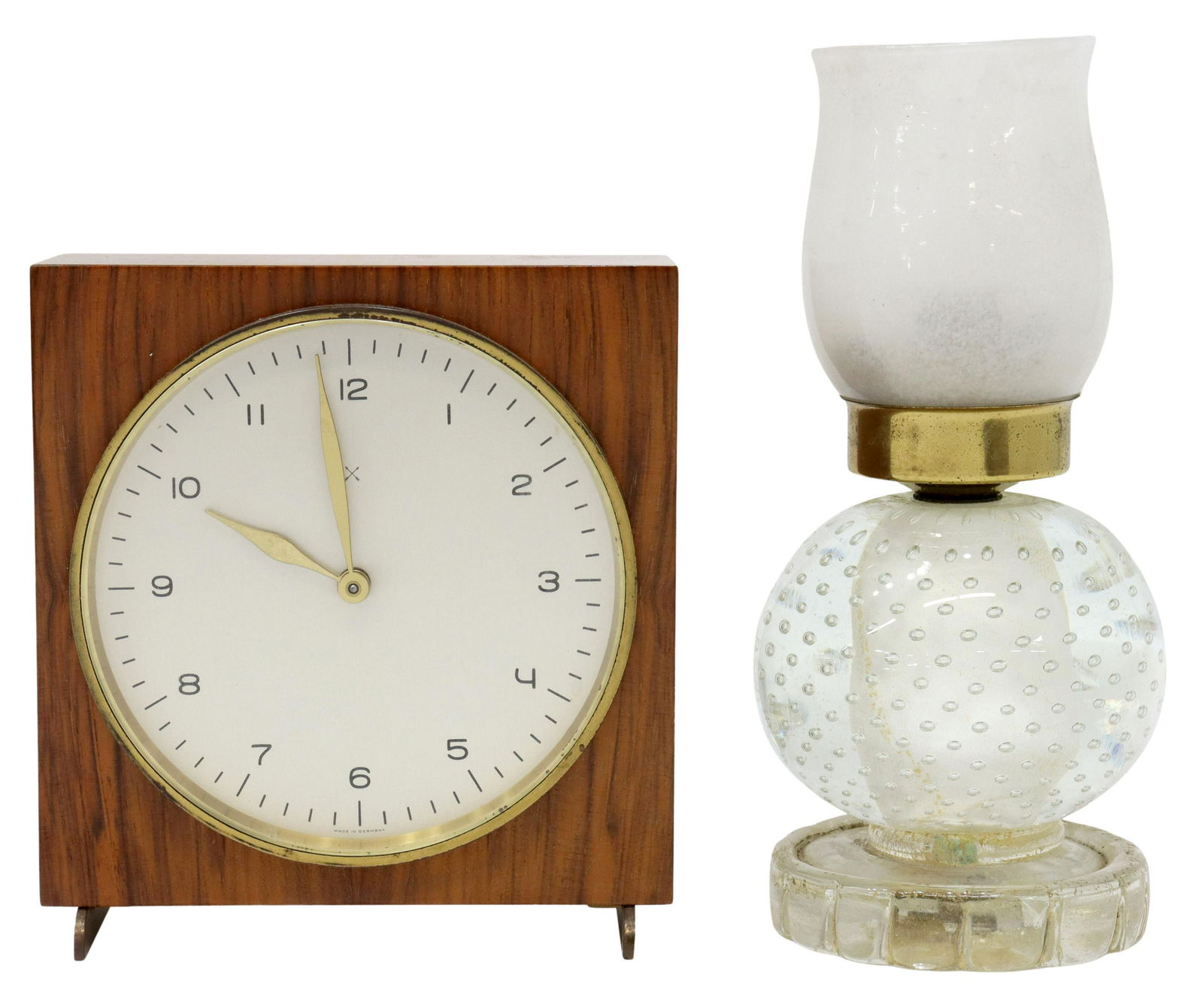 (2) MID-CENTURY MURANO GLASS LAMP & ALARM CLOCK: (lot of 2) Mid-century modern decor, c.1950s, including: (1) Italian art glass lamp, Ars Murano, single light, paperweight body with trapped air bubbles, on a gilt flecked foot, in need of wiring, app