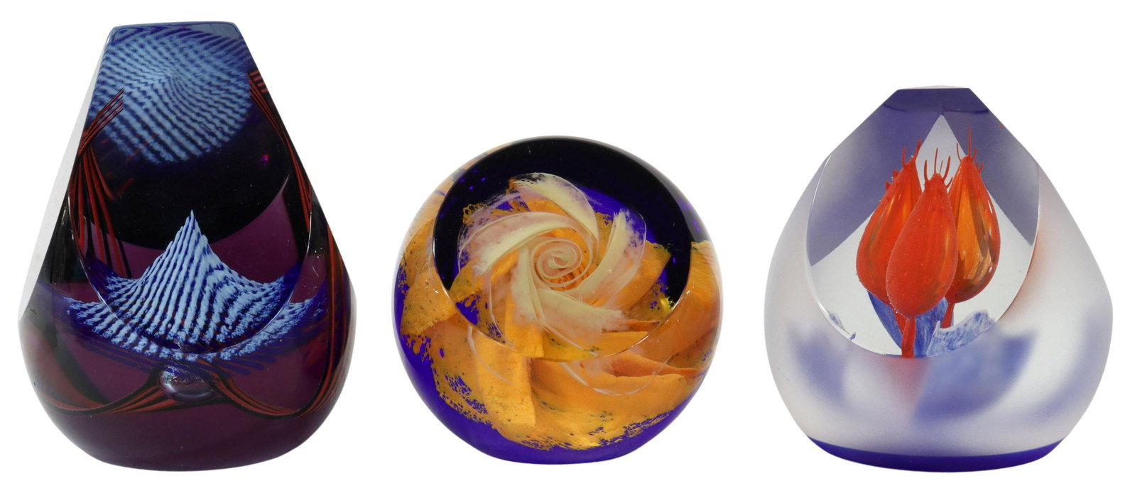 (3) SCOTTISH CAITHNESS ART GLASS PAPERWEIGHTS: (lot of 3) Scottish limited-edition art glass paperweights, Caithness Glass, including: (1) "Cataclysm," numbered 315/ 750, approx 3"h, (1) "Los Tres Amigos," numbered 216/ 350, approx 3.25"h, (1) "Ma