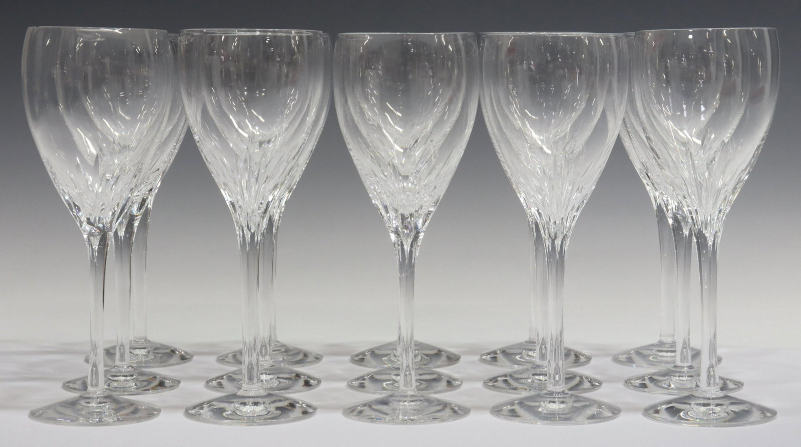 (15) EDINBURGH CRYSTAL 'AILSA' WHITE WINE GLASSES: (lot of 15) Scottish cut crystal white wine glasses, Edinburgh Crystal, in the "Ailsa" pattern, all with acid-etched maker's mark underfoot, some slight variations in size, (three) with rim roughness,