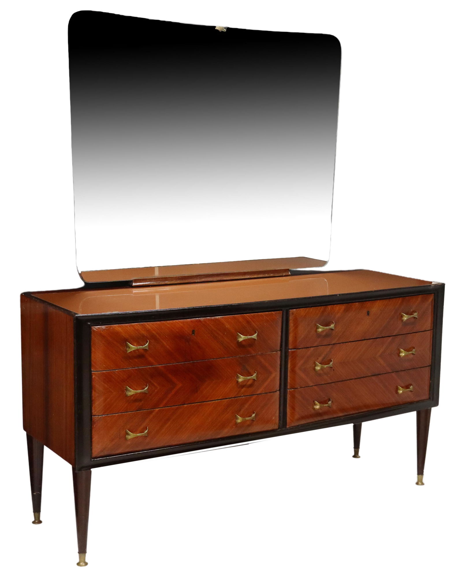 ITALIAN MID-CENTURY MODERN COMMODE & MIRROR: Italian mid-century modern rosewood chest of drawers, c.1950s, frameless flat mirror plate, inset glass top, six drawers, rising on tapered legs, mirror: approx 39.5"h, chest: approx 33"h, 61.75"w, 20