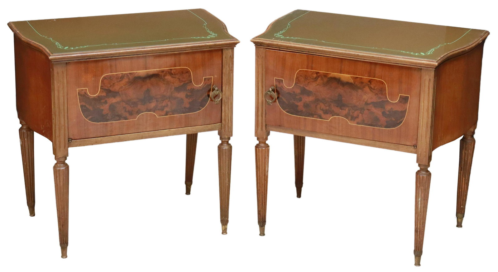 (2) ITALIAN MID-CENTURY MODERN BEDSIDE CABINETS: (pair) Italian mid-century modern mixed wood bedside cabinets, c.1950s, inset reverse painted glass tops, over single cabinet door, faced with burlwood veneer surrounded by string inlay, rising on flu