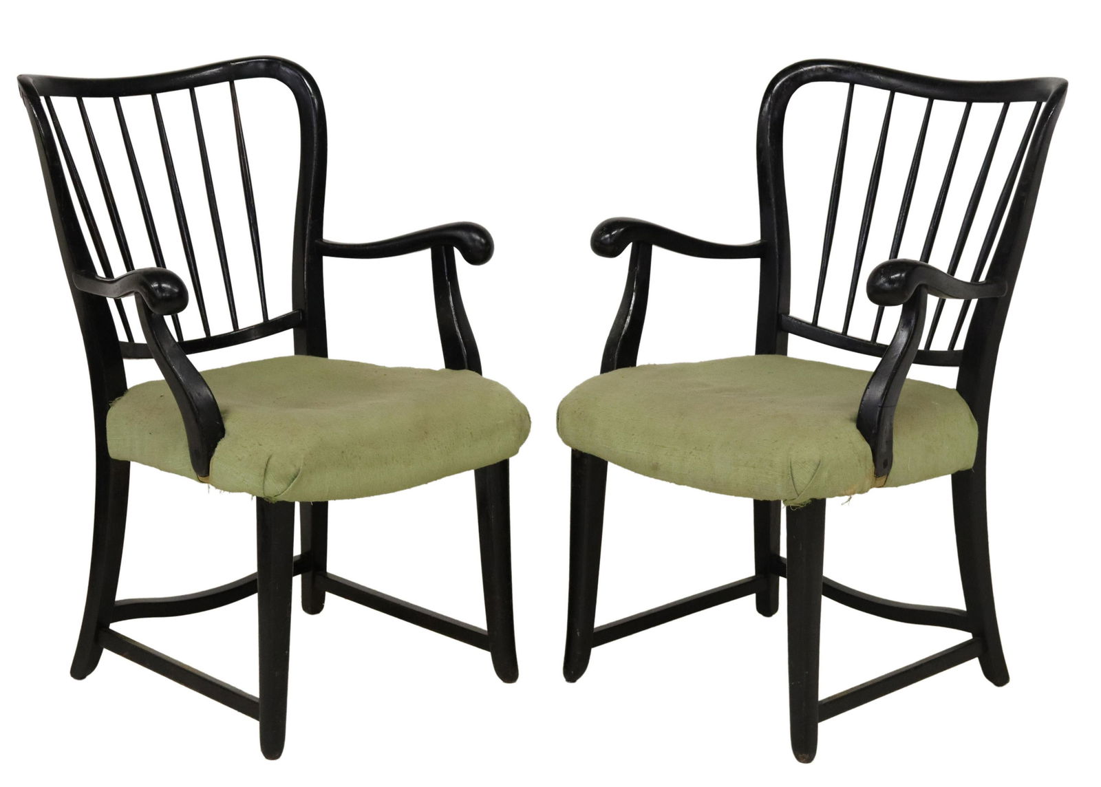 (2) ITALIAN MID-CENTURY MODERN ARMCHAIRS: (pair) Italian mid-century modern armchairs, in the manner of Paolo Buffa (Italian, 1903-1970), ebonized frame, spindled back joining curved arms, over upholstered seat, rising on tapered stretcher-jo