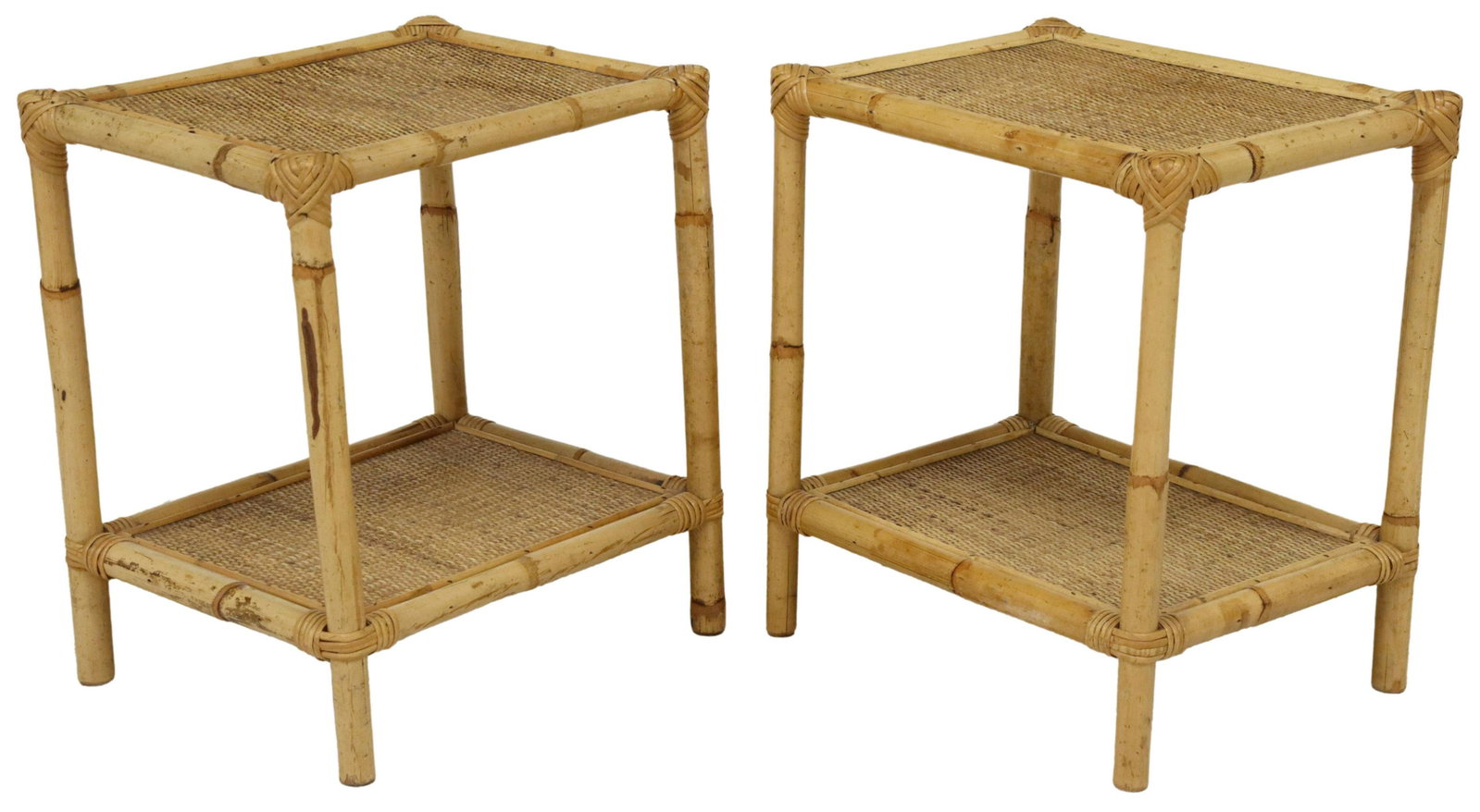 (2) VINTAGE BAMBOO & RATTAN OPEN-SHELF NIGHTSTANDS: (pair) Vintage two-tier nightstands, 20th c., bamboo frame encasing woven rattan open shelves, rising on bamboo supports, approx 20"h, 17.75"w, 13.75"d Start Price: $150.00