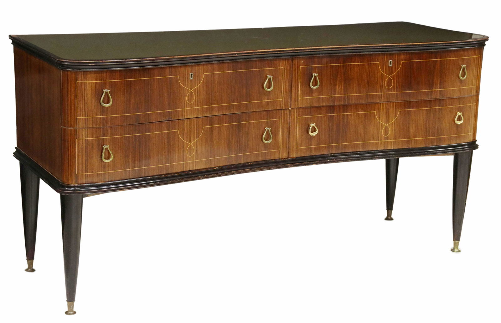 ITALIAN MID-CENTURY MODERN ROSEWOOD COMMODE: Italian mid-century modern rosewood chest of drawers, c.1950, shaped inset reverse-painted glass top, over case having ebonized trim, fitted with four drawers, string inlay and gilt metal pulls, risin