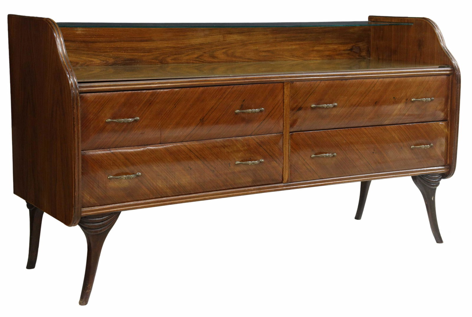 ITALIAN MID-CENTURY MODERN ROSEWOOD COMMODE: Italian mid-century modern chest of drawers, c.1950s, having clear glass shelf, over reverse-painted glass top, rosewood case fitted with four drawers, rising on tapered legs, fracture to clear glass