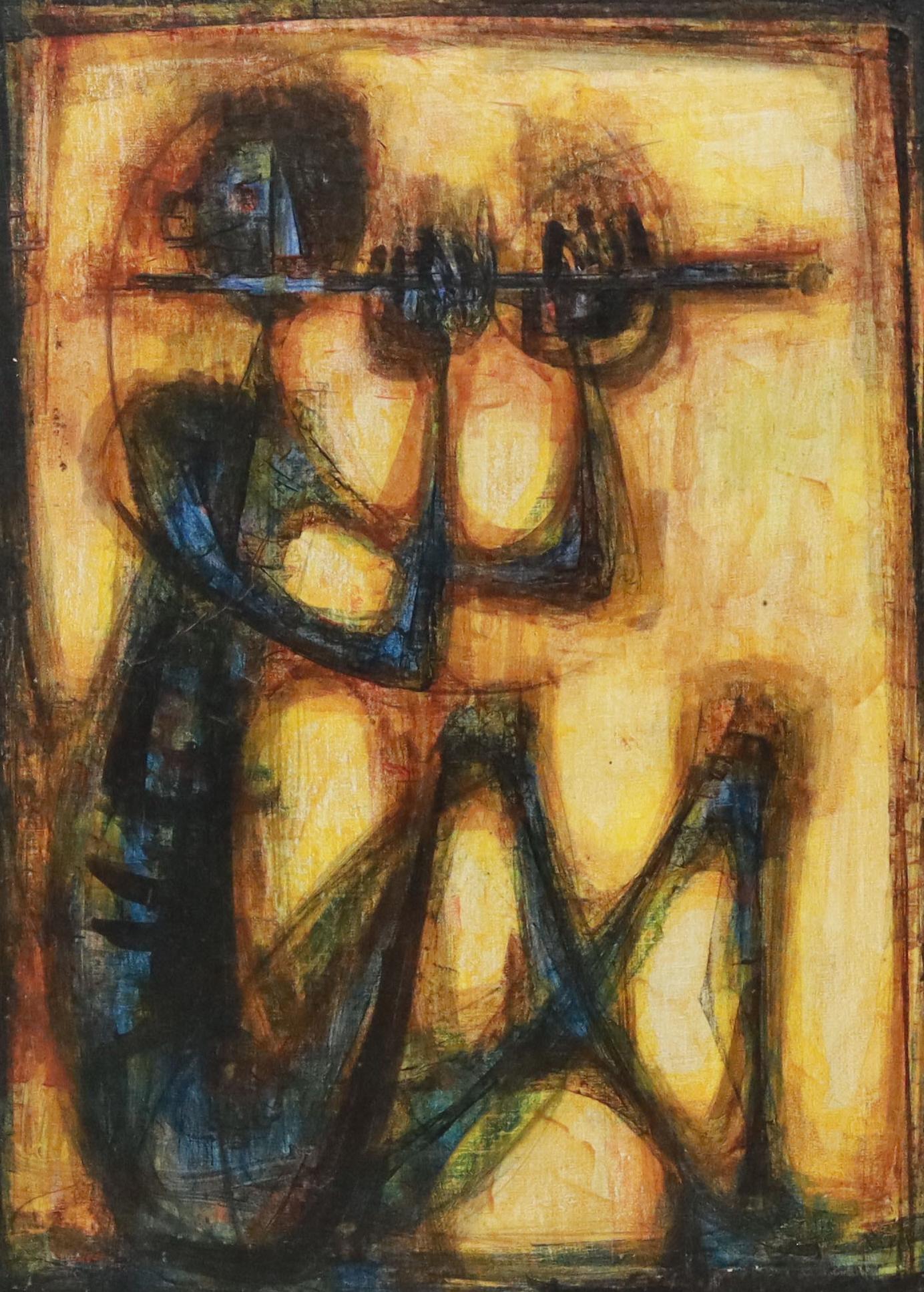 SI LEWEN (1918-2016) FLUTIST IN THE WINDOW: Framed oil on canvas painting, "Flutist in the Window," signed verso Si Lewen (1918-2016), titled on back stretcher, sight: approx 29.5"h, 21.5"w, overall: approx 31.5"h, 23.5"w, 5lbs Start Price: $15