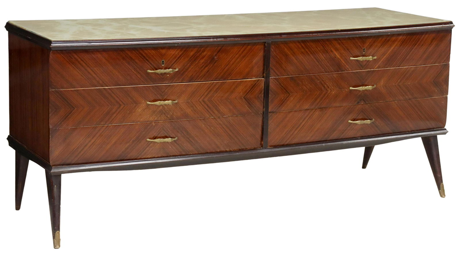 ITALIAN MID-CENTURY MODERN ROSEWOOD COMMODE: Italian mid-century modern rosewood chest of drawers, c.1950s, inset glass top, six drawers, rising on tapered angled legs, approx 27.75"h, 64.25"w, 20"d Start Price: $250.00