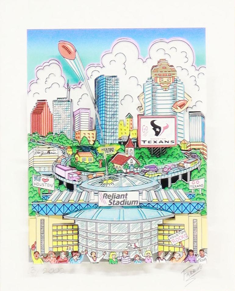 CHARLES FAZZINO (B.1955) HOUSTON TEXANS 3-D PRINT: Framed three-dimensional collage fine art digital print on paper, "Houston Texans," signed in the print lower right Fazzino (Charles Fazzino, American, b.1955), numbered 13/ 2002, accompanied by certi