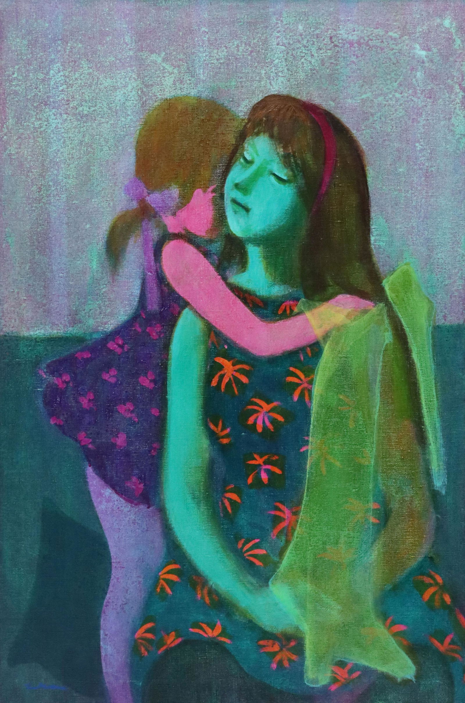 GUSTAV LIKAN (1912-1998) PAINTING 'SISTER LOVE': Framed oil on canvas painting, "Sister Love," signed lower left Likan (Gustav Likan, Yugoslavia, Texas, 1912-1998), titled verso, sight: approx 35.5"h, 23"w, overall: approx 44"h, 32"w, 13lbs Start Pr
