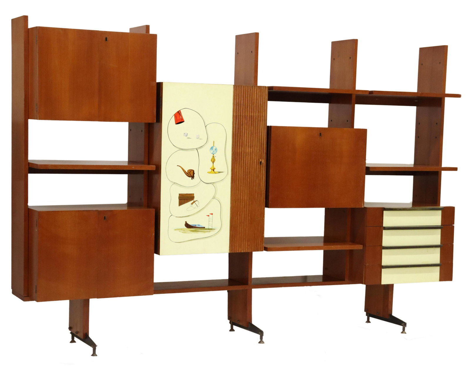 ITALIAN MID-CENTURY MODERN TEAK MODULAR WALL UNIT: Italian mid-century modern teak modular bookcase, c.1960s, five open shelves, two double-door cabinets, one fall-front bar cabinet, single-door cabinet with painted graphic on contrasting laminate pan