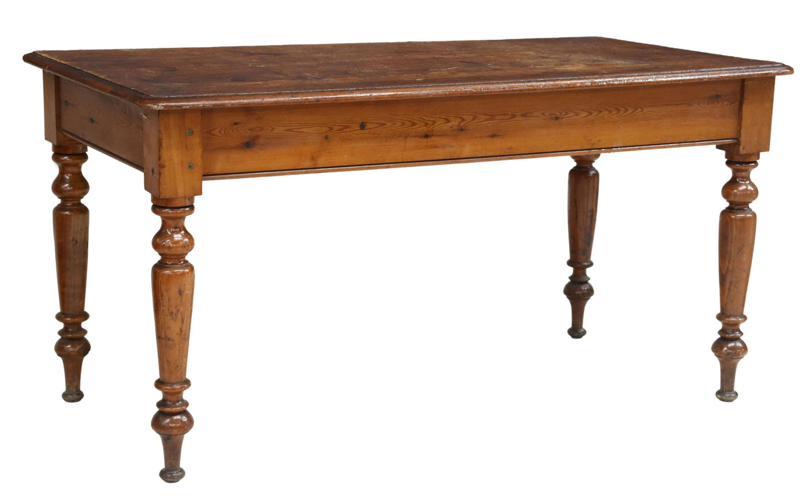 ENGLISH LATE VICTORIAN PINE FARMHOUSE TABLE: English late Victorian pine kitchen table, late 19th/ early 20th c, worn molded top, over single drawer at one side, rising on turned legs, approx 30"h, 58"l, 29.5"w, floor to apron: 23.75"h Start Pri