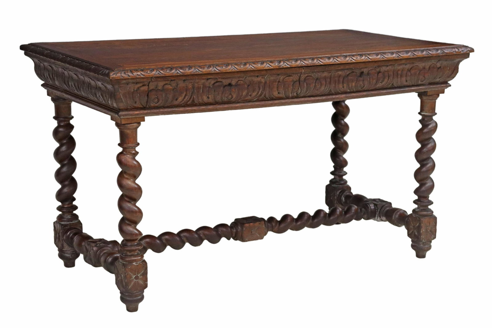 ENGLISH CARVED OAK BARLEY TWIST WRITING TABLE: English oak barley twist table, 19th c., top with carved egg and dart trim border, over two frieze drawers, rising on stretcher-joined barley twist legs, ending in turned feet, some panel separation a