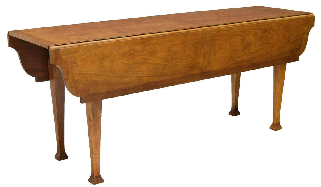 LARGE ENGLISH YEW WOOD WAKE TABLE, 72"L: English wake table, possibly Yew wood, long rectangular top, with shaped leaves, banding to top edges and center, rising on tapered legs, with square feet, some variation to varnish on top, closed: ap
