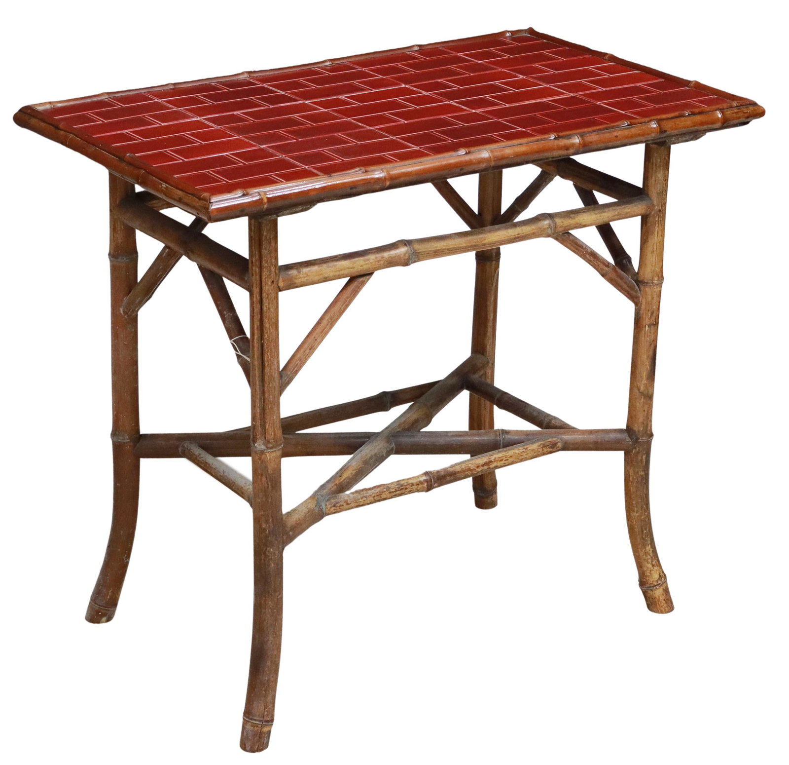 LATE VICTORIAN RED TILED TOP BAMBOO SIDE TABLE: Late Victorian bamboo side table, late 19th c., red tiled top, over curved legs, joined by medial open shelf, hairline fractures and some grout loss to tiled top, approx 28.5"h, 31.75"w, 19.75"d Start