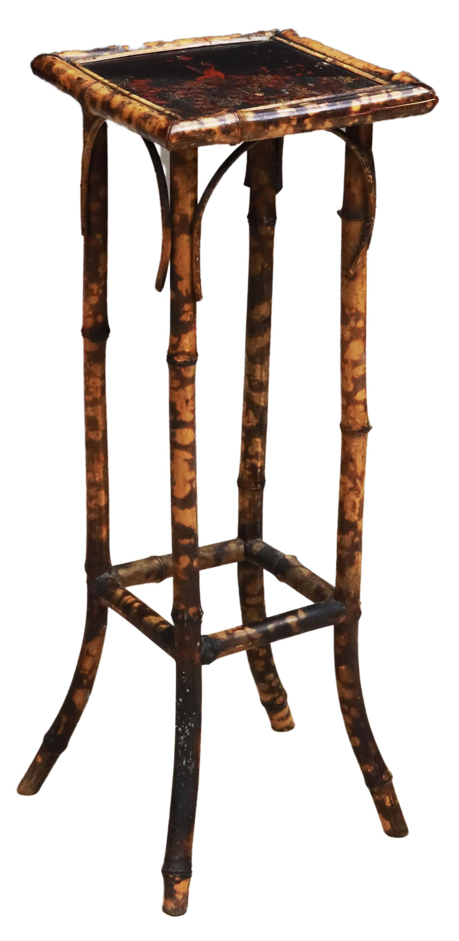 VICTORIAN CHINOISERIE BAMBOO PLANT STAND: Victorian Chinoiserie bamboo plant stand, 19th c., floral and bird painted top, rising on curved legs, joined with box stretcher, approx 31.25"h, 11.5"w, 11.5"d Start Price: $150.00