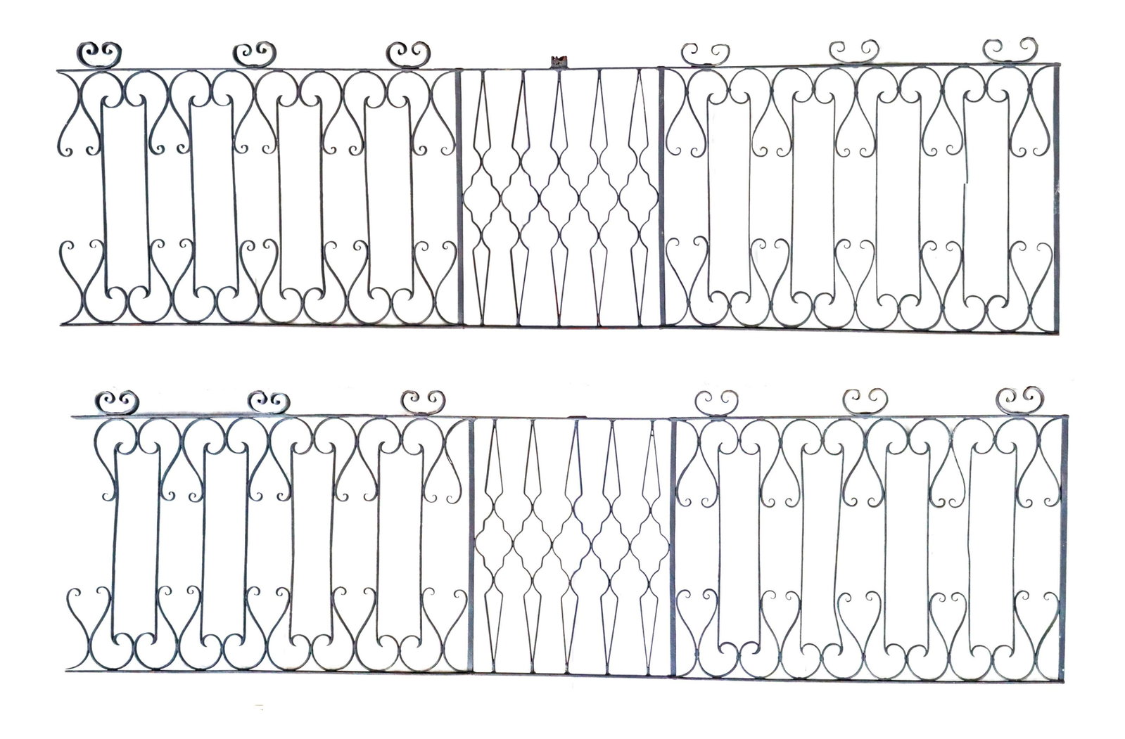 (2) ARCHITECTURAL WROUGHT IRON RAILINGS, 123"L: (lot of 2) Architectural wrought iron railings, early 20th c., having scalloped diamond-form balusters at central panels, flanked on both sides by scrolled accents, ending in pierced volute feet, each