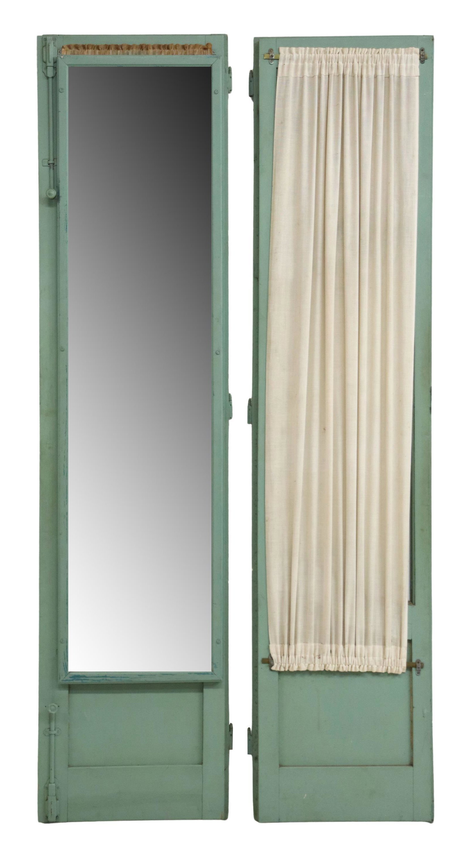 (2) ARCHITECTURAL PAINTED & PARCEL GILT DOORS: (pair) Architectural green painted and parcel gilt doors, glazed shaped front panels, with interior curtains, one door with beveled mirror plate to back, sliding bolt lock, some silver loss and hazing