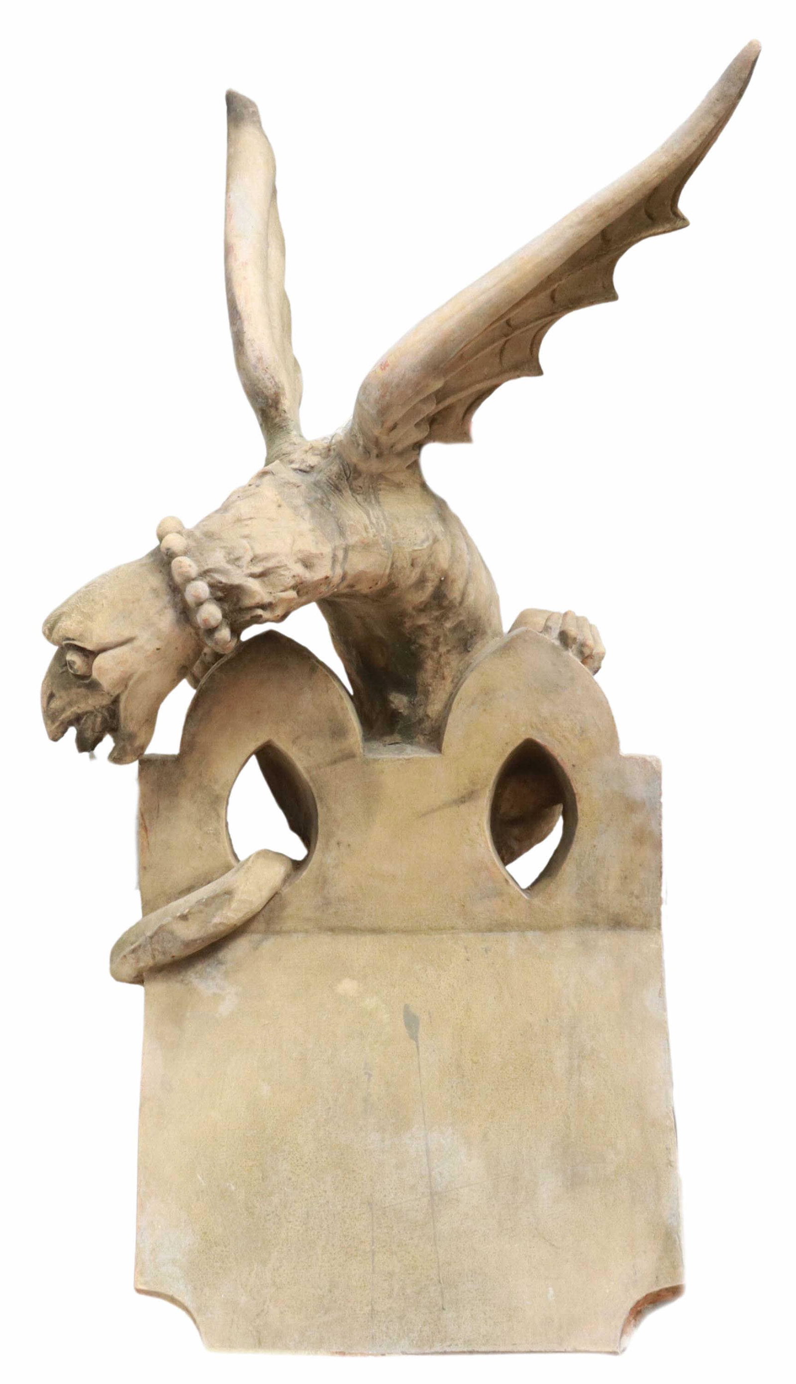 LARGE ENGLISH WINGED DRAGON ROOF RIDGE TILE FINIAL: Large English winged dragon roof ridge tile/ finial, after Gibbs & Canning Ltd., 20th c., beaded collar and open mouth, rising on architectural apex, maker's mark at back, approx 38"h, 21"w, 22"d **PL