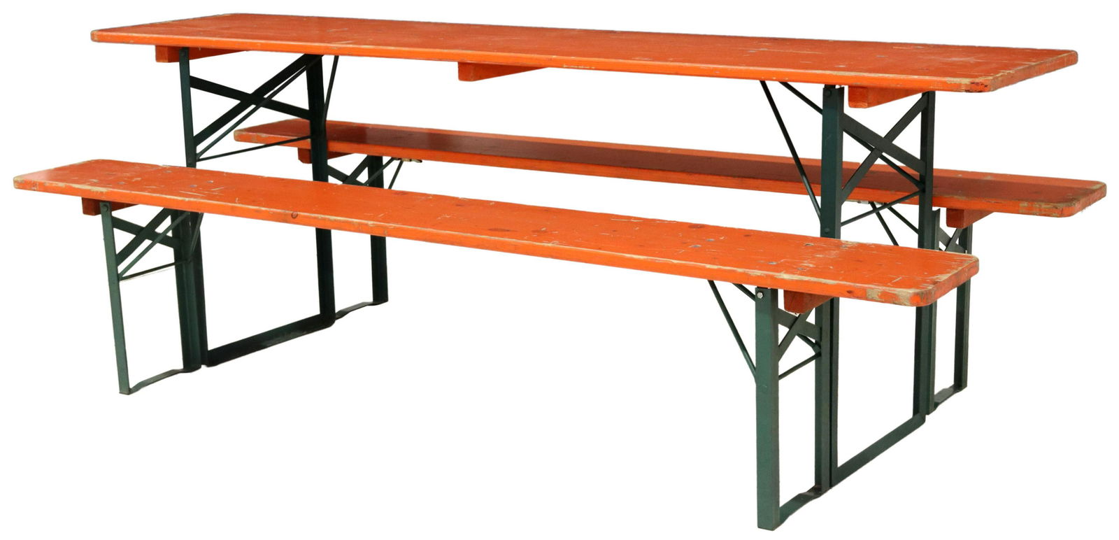 (3) PAINTED PINE & IRON FOLDING TABLE & BENCHES: (lot of 3) Painted pine beer hall table and benches, 20th c., rectangular plank top, over folding iron base, in green paint, including: (1) table, marked Trageser underneath, 30.25"h, 86.75"l, 19.75"w