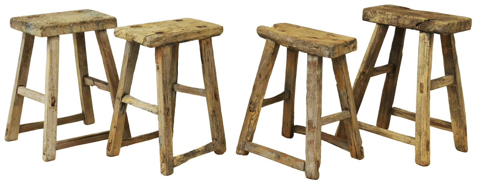 (4) RUSTIC UNFINISHED MORTISE & TENON WOOD STOOLS: (lot of 4) Rustic unfinished wood stools, mortise and tenon construction seat, over stretcher-joined straight legs, largest: approx 21.25"h, 14.75"w, 11"d Start Price: $250.00