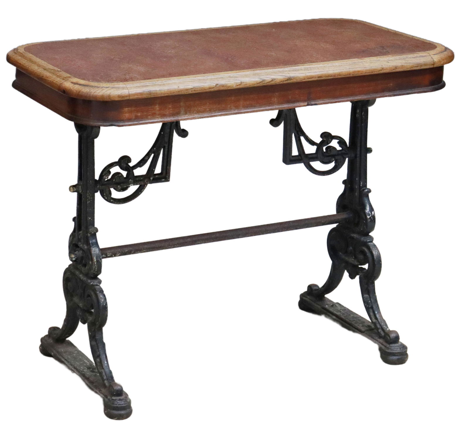 ENGLISH WOOD & IRON PUB TABLE ON CAST IRON: English pub table, the top surrounded by oak frame, rising on iron supports with scrolling design, joined by bar stretcher, ending on short circular feet, base marked Mattison Bedale, approx 31.25"h,