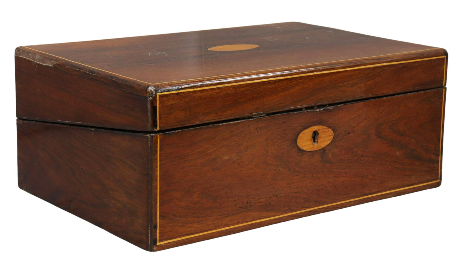 ENGLISH ROSEWOOD WRITING SLOPE/ TRAVEL DESK: English Victorian rosewood writing slope/ travel desk, 19th c., hinged top opening to gilt embossed leather writing surface, over interior storage, pen rest and inkwell compartments, split to top, app