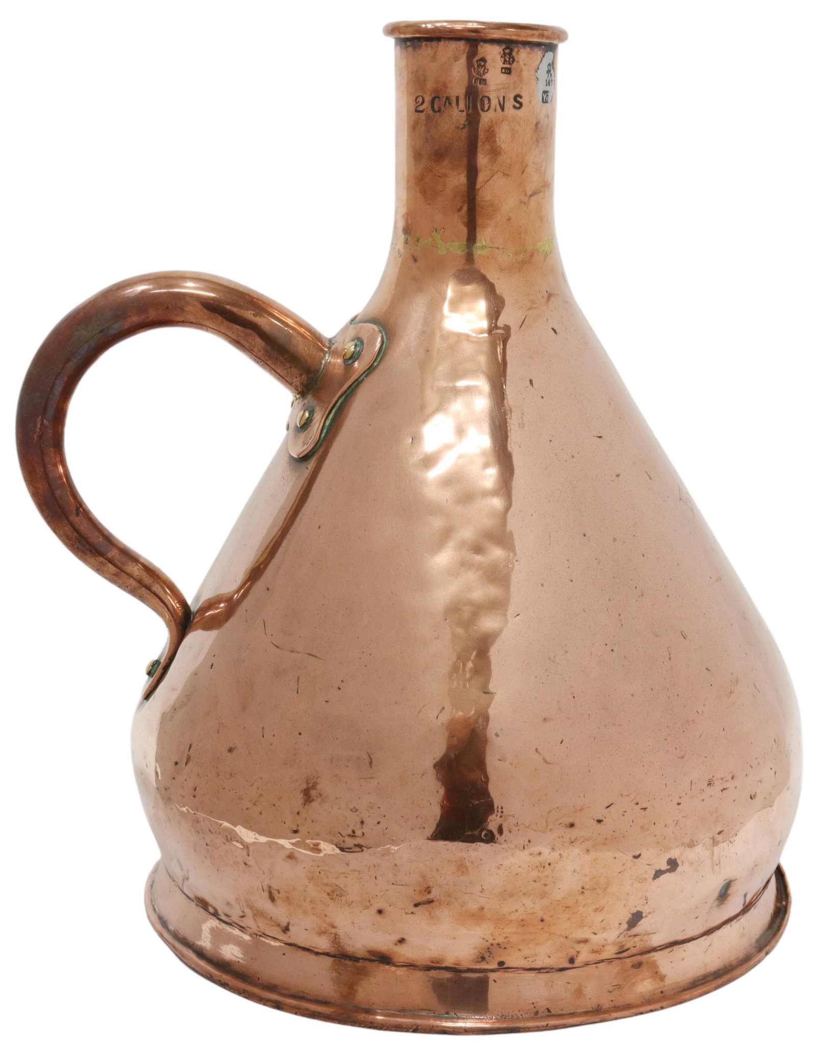 ENGLISH VICTORIAN 2 GALLON COPPER MEASURE, 19TH C.: English Victorian copper measure, 19th c., two gallon, with rolled handle, stamped "2 Gallons" measure accompanied by crown over VR monogram at top, engraved "H. Hornby, 2 L'Pool" logo at front face, 