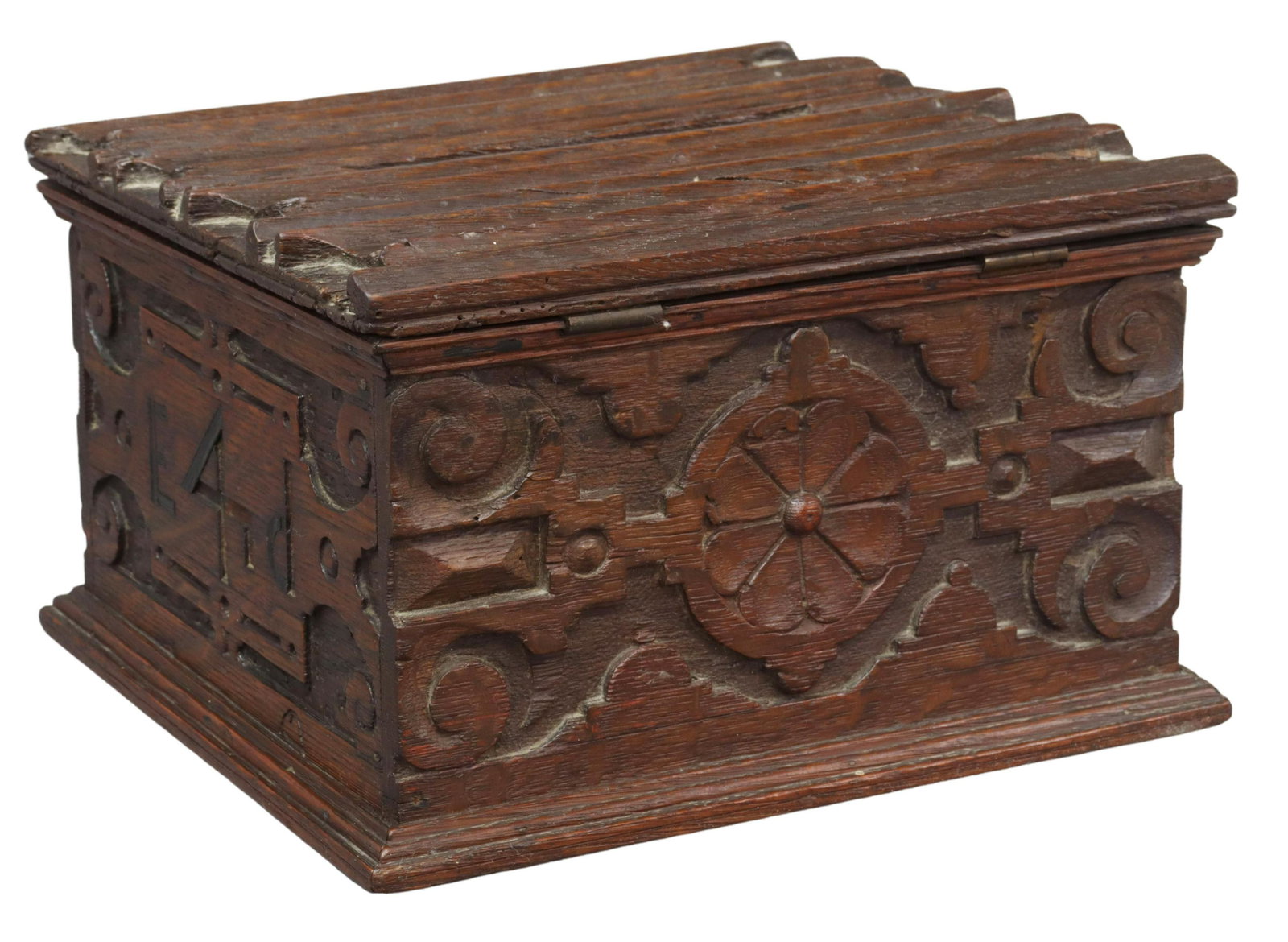 ENGLISH GOTHIC REVIVAL OAK CORRESPONDENCE BOX: English Gothic Revival carved oak letter box, 19th c., case with carved foliates and openwork, hinged lid with two slots and engraved "answered, letters, unanswered", interior with corresponding divid