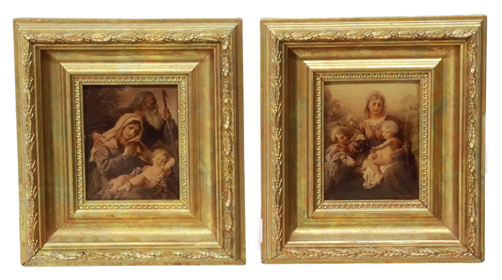 (2) FRANZ HANFSTAENGL HOLY FAMILY CRYSTOLEUMS: (lot of 2) Framed "Crystoleum" prints on convex glass, including: (1) Holy Family, (1) Madonna and Child with infant Saint John the Baptist, copyright 1893, Franz Hanfstaengl, largest - sight: 5"h, 4"
