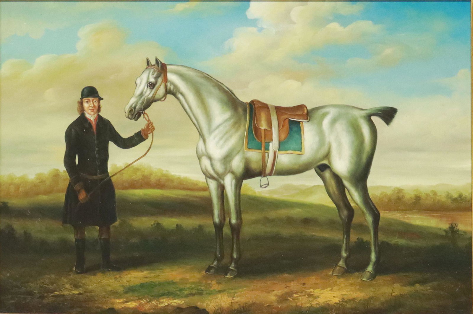 DECORATIVE EQUESTRIAN SPORTING PAINTING, 24" X 36": Decorative framed oil on canvas painting, Saddled Grey Racehorse Held by a Groom, after James Seymour (English, 1702-1752, unsigned, sight: approx 23.5"h, 35.5"w, overall: approx 34.25"h, 46.25"w, 25l