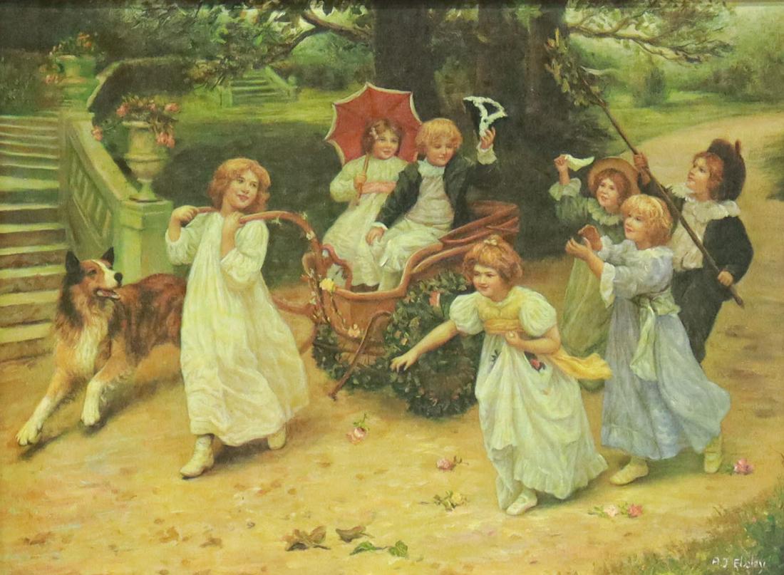 AFTER ARTHUR JOHN ELSLEY (D.1952) THE HAPPY PAIR: Framed print on stretched canvas, The Happy Pair (A Royal Procession), after Arthur John Elsley (English, 1860-1952), sight: approx 11.5"h, 15.5"w, overall: approx 22.25"h, 26.25"w, 13.5lbs Start Pric