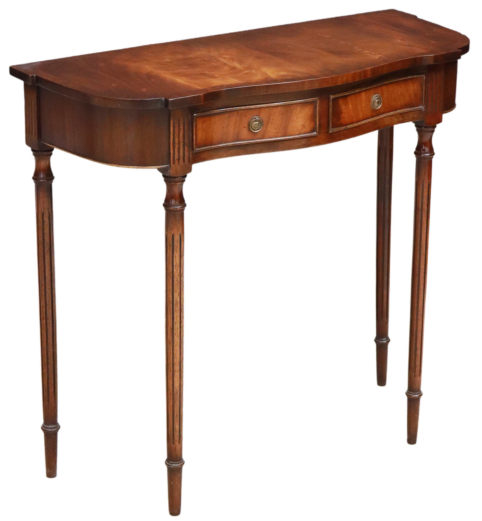 ENGLISH MAHOGANY SERPENTINE CONSOLE TABLE: English mahogany console table, 20th c., serpentine case, fitted with two drawers, rising on fluted and tapered legs, ending in blunt arrow feet, approx 28.75"h, 31.5"w, 13.5"d Start Price: $150.00
