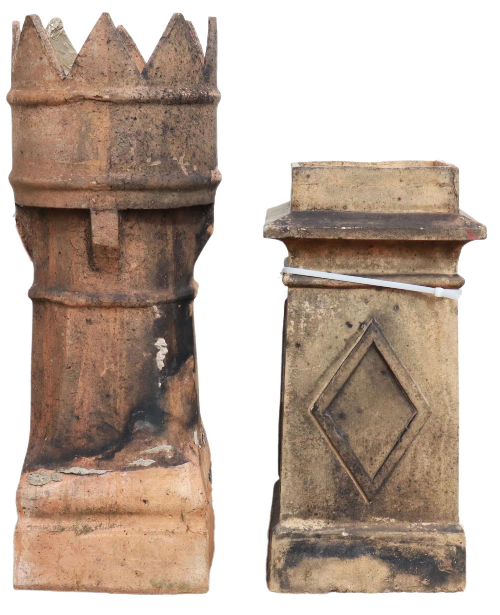 (2) ARCHITECTURAL CHIMNEY POTS: (lot of 2) Architectural chimney pots, 20th c., both intact with typical chips and hairlines, including: (1) turret-form, with smoke vents, approx 36.75"h, 13.25"diam; (1) square-form, with diamond pa