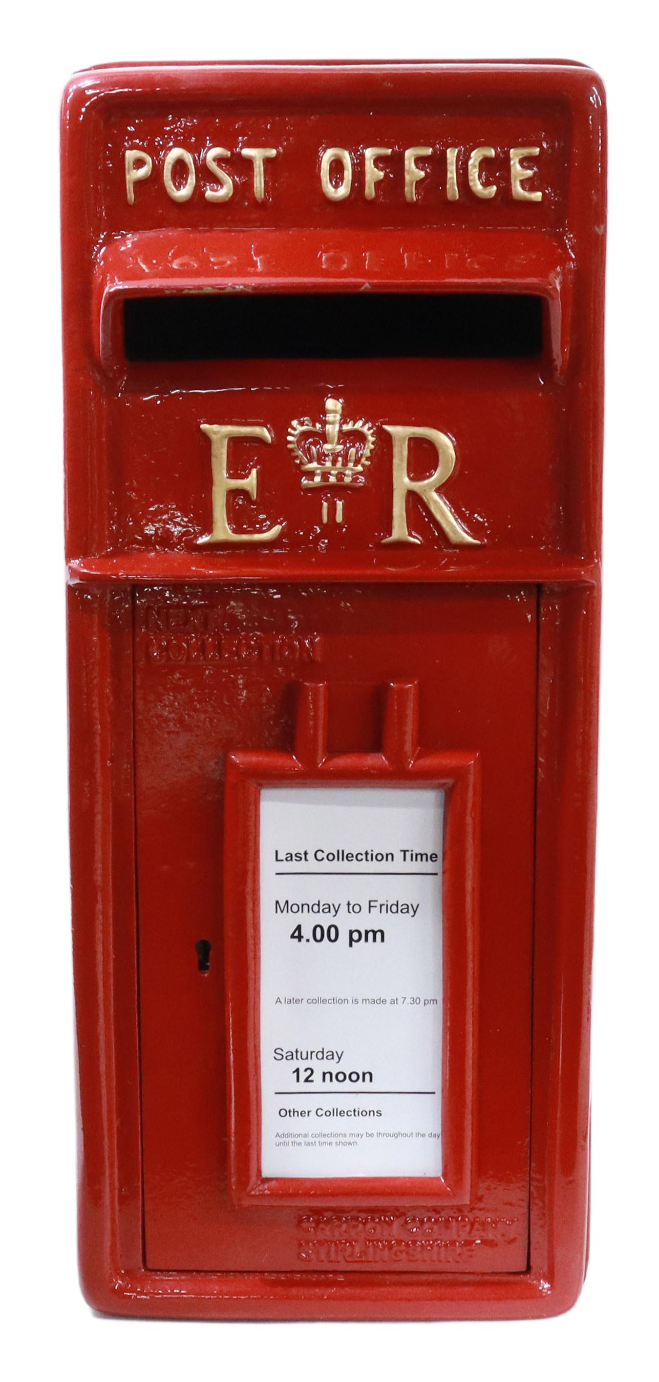 ENGLISH RED & PARCEL GILT METAL POST/ MAILBOX: English metal post box, after the original Carron Company model, late 20th c., painted red with gilt accents, English Royal Mail crown emblem at front face, approx 23"h, 9.5"w, 13"d, 38.5lbs Start Pri