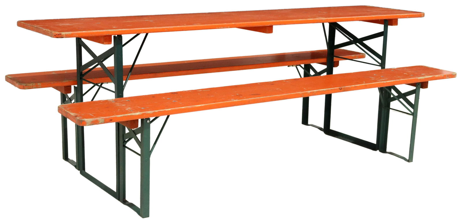 (3) PAINTED PINE & IRON FOLDING TABLE & BENCHES: (lot of 3) Painted pine beer hall table and benches, 20th c., rectangular plank top, over folding iron base, in green paint, including: (1) table, 30.25"h, 86.75"l, 19.75"w; (2) benches, both marked T