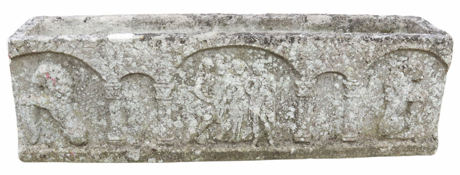 CAST STONE ARCADED RECTANGULAR JARDINIERE: Cast stone jardiniere planter, 20th c., narrow rectangular form, front arcaded panel, with central figures and mythical beasts, approx 14"h, 46.25"w, 10.25"d **PLEASE NOTE: All of the cast stone and g