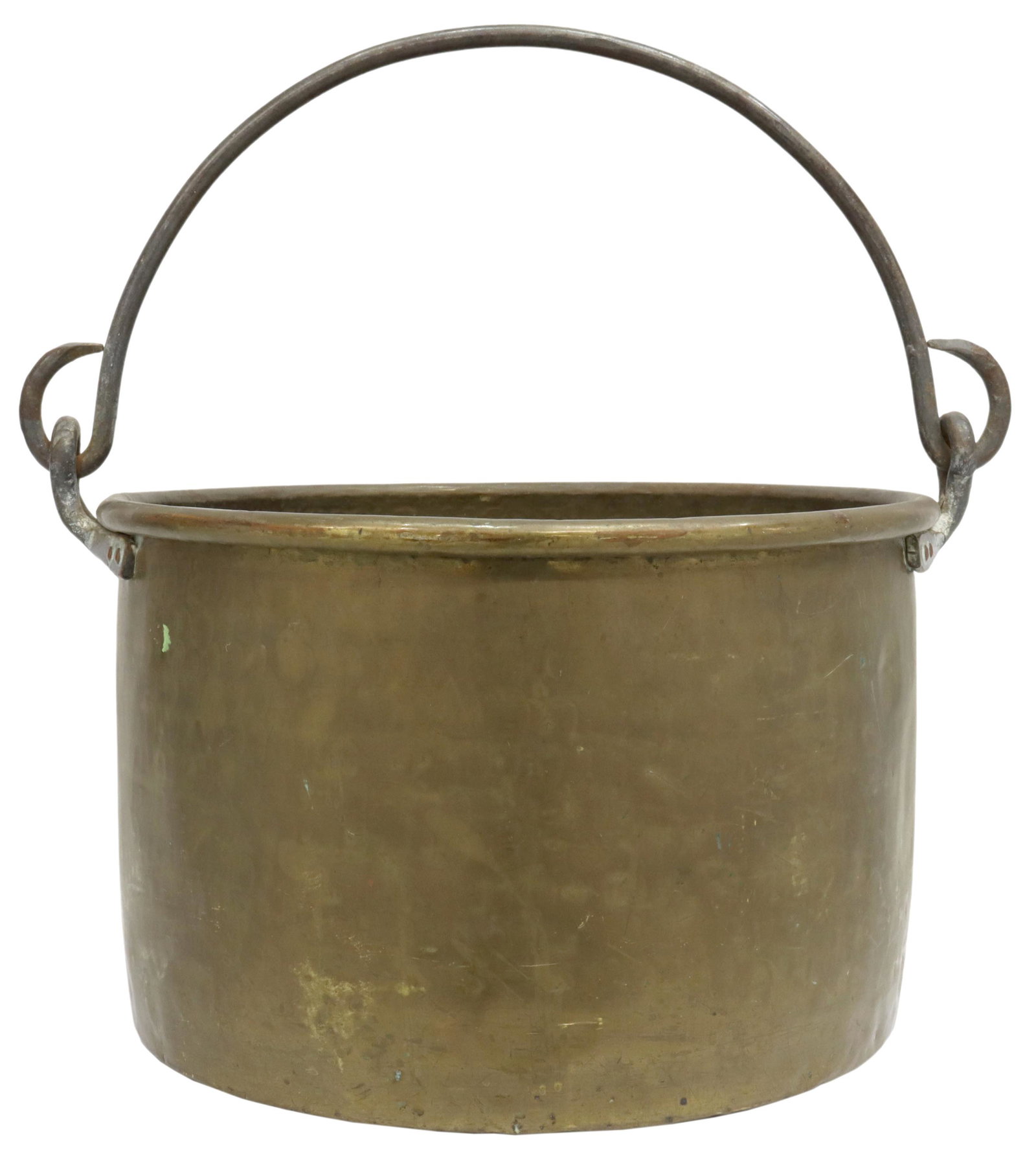 CONTINENTAL COPPER & BRASS CHEESE VAT, 19TH C.: Continental copper and brass cheese vat, 19th c., with single rolled iron swing handle, approx 12"h, 18"w, 18"d, 14lbs Start Price: $150.00