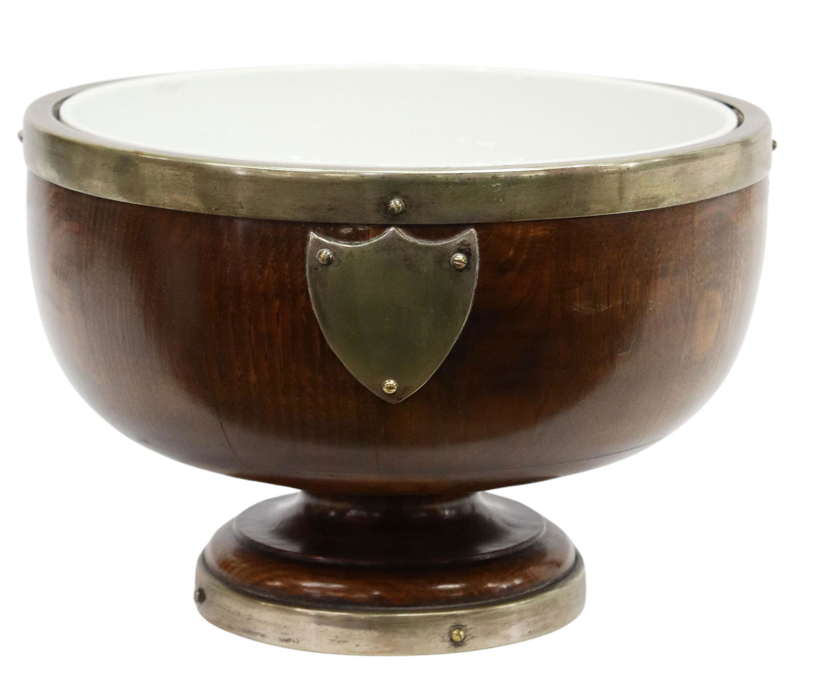 ENGLISH OAK, SILVERPLATE & PORCELAIN TROPHY BOWL: English oak and porcelain trophy bowl, early 20th c., chalice-form base with silverplate bands, housing inset porcelain bowl, marked W&R (Wiltshaw & Robinson) Stoke on Trent Carlton Ware, approx 6 3/8