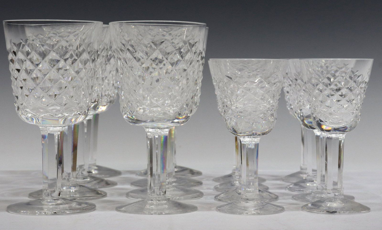 (16) WATERFORD ALANA CUT CRYSTAL STEMWARE: (lot of 16) Waterford cut crystal stemware, in the "Alana" pattern, some with acid-etched maker's mark underfoot, including: (8) port wine glasses, approx 4.5"h, 2.25"diam; (8) small liqueur/ cordial 
