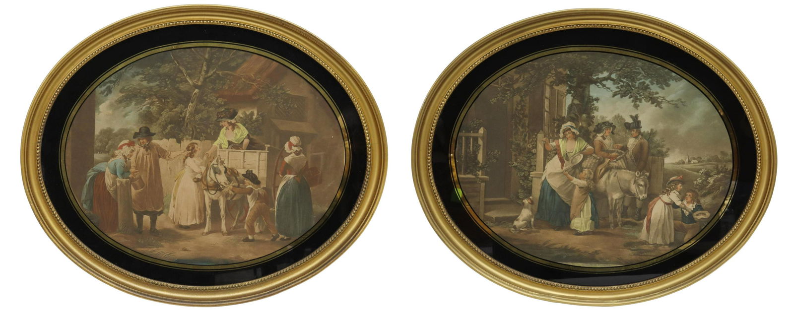(2) FRAMED PRINTS AFTER GEORGE MORELAND: (lot of 2) Framed prints on paper, after George Morland (English, 1763-1804), including: (1) "Selling Peas," (1) "Selling Cherries," in black and gilt eglomise frames, sight: approx 17.25"h, 21.5"w, o
